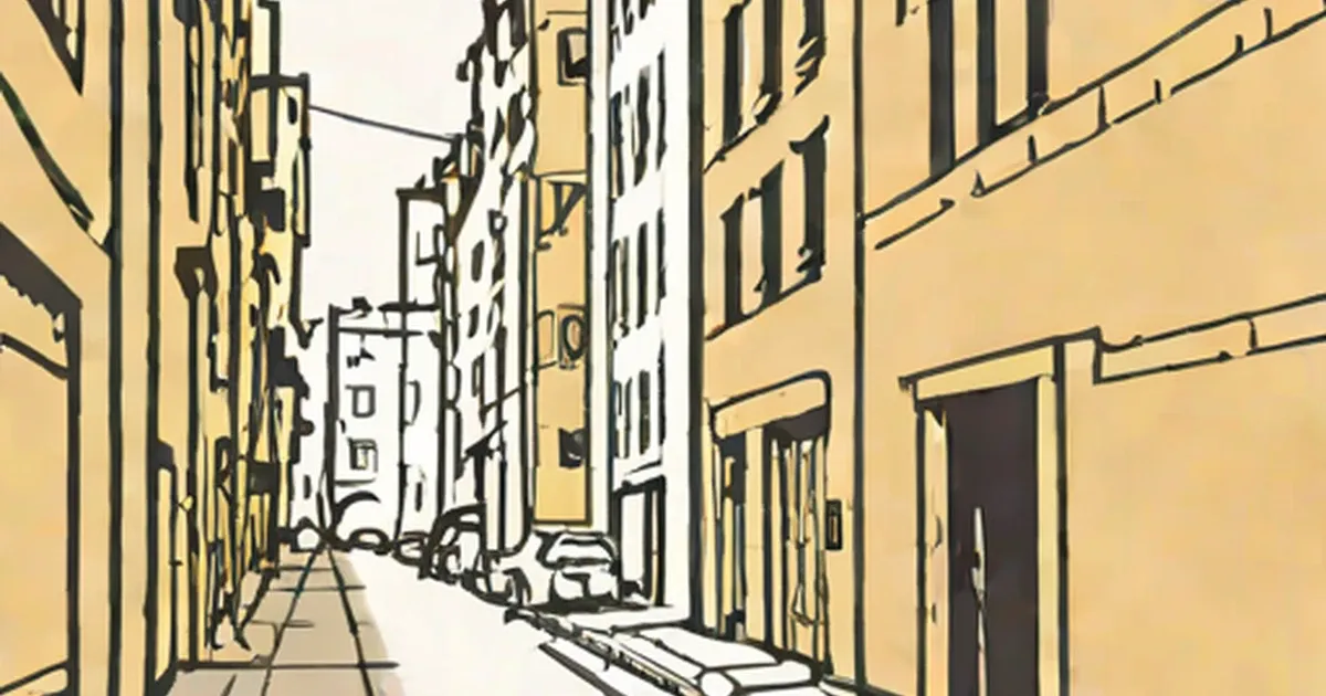 Narrow alley between tall buildings in line art style