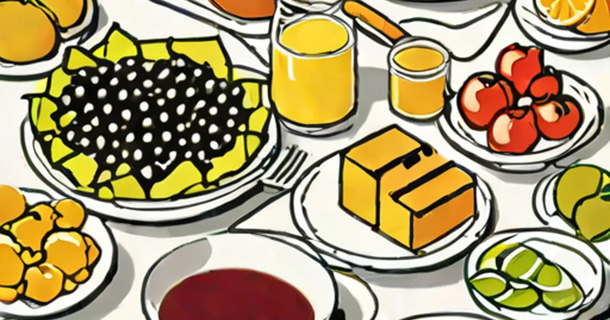Illustrated overhead view of catering platters with produce and drinks
