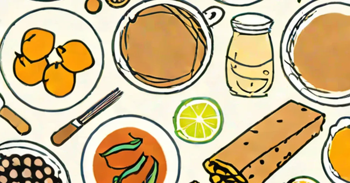 Illustrated ingredients and prepared dishes including citrus, peppers, bread, and soup