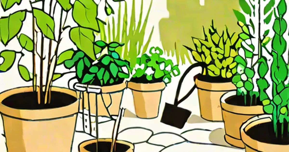 Terra cotta pots with green plants, a watering can, and shovel on stones
