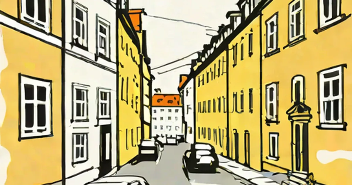 Narrow alley with yellow buildings, white-trimmed windows, and distant church spire