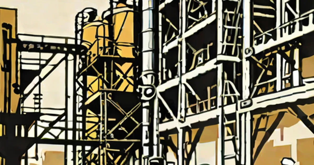Industrial factory machinery with steel framework and metal pipes