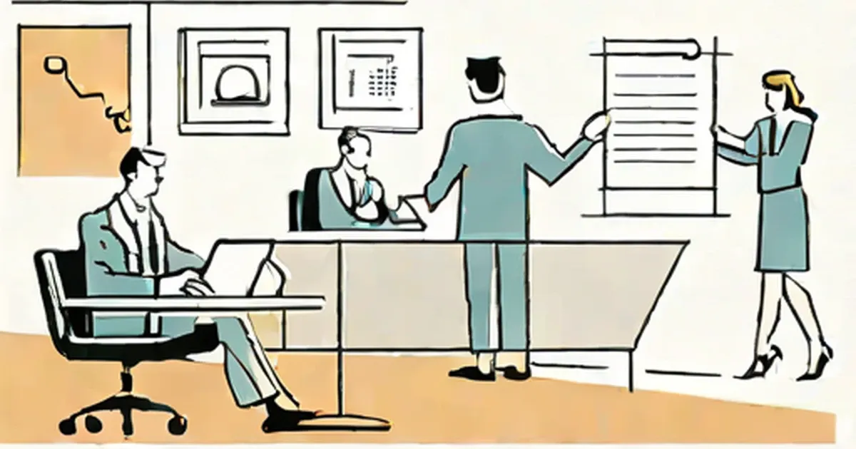 Business team reviews documents and charts in a corporate office environment