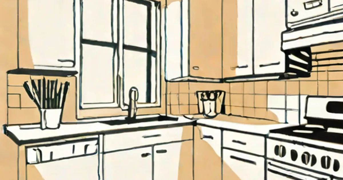 Illustrated kitchen with white cabinets, window, and stove