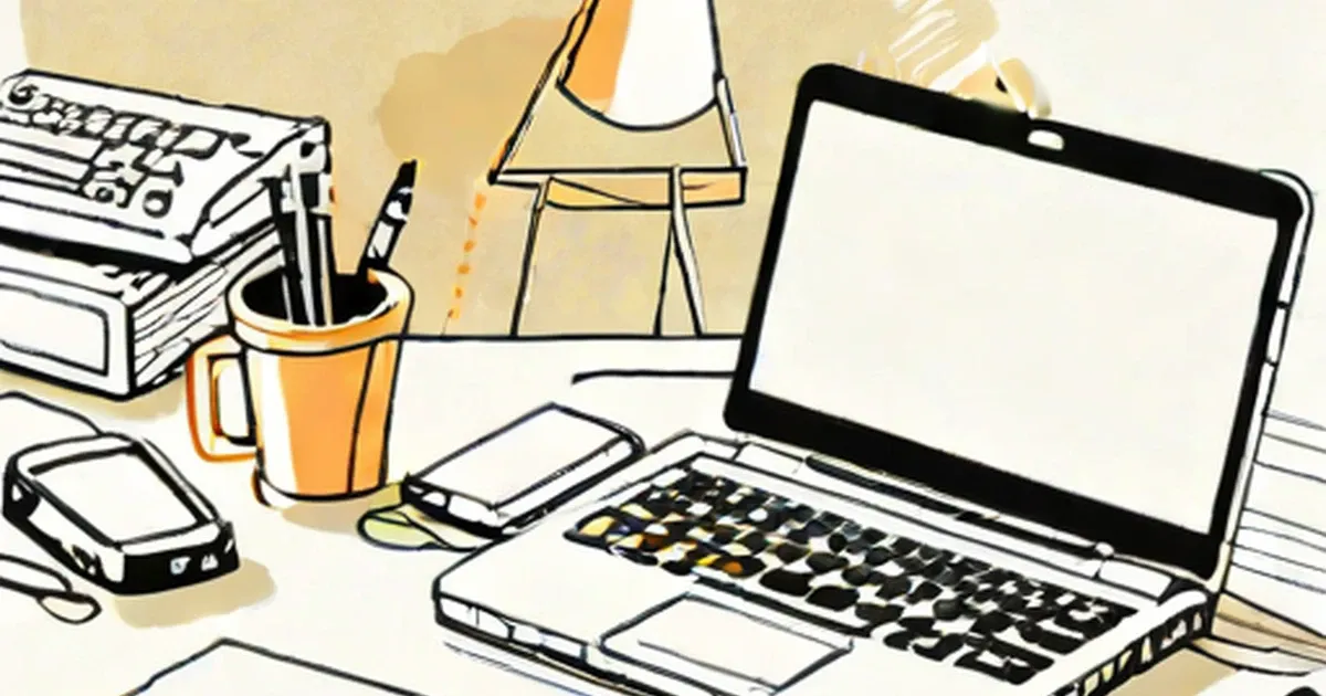 Laptop on workspace with mug, pens, papers, and phone