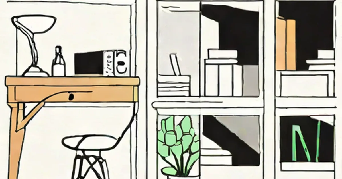 Line illustration of home interior spaces with furniture, plants, and books
