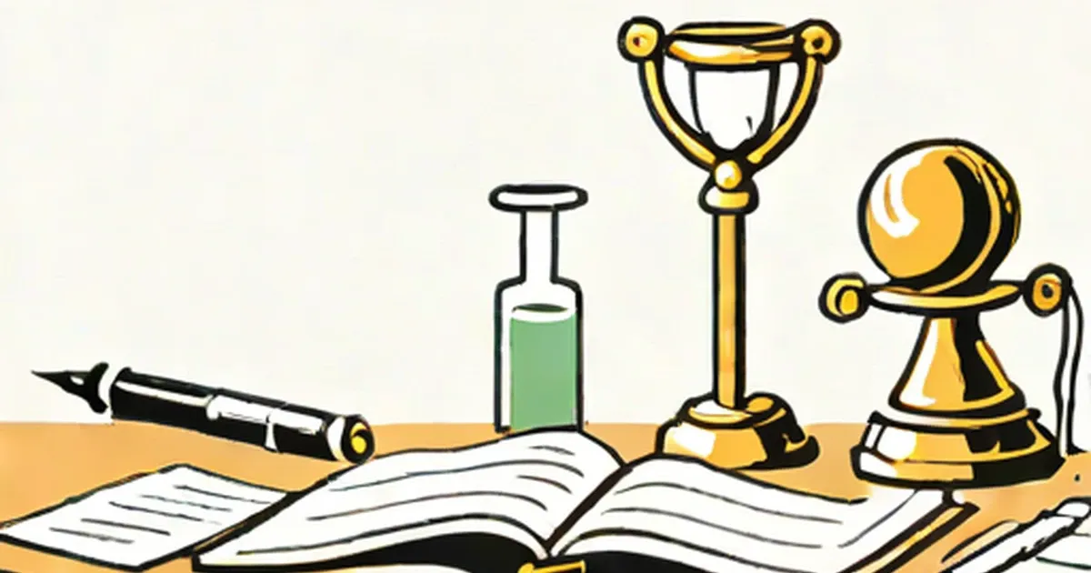 Scientific trophies and lab equipment displayed with an open book