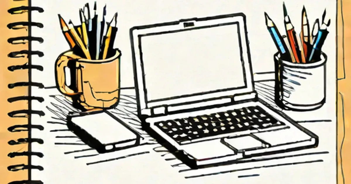 Workspace illustration with open laptop, pens in mugs, notebook, and smartphone