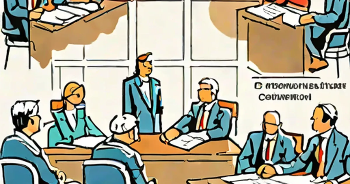 Cartoon illustration of colonial-era government officials meeting at a table with documents