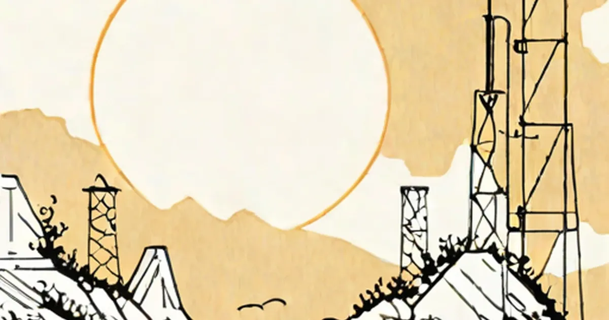Illustrated power transmission towers under a large orange sun