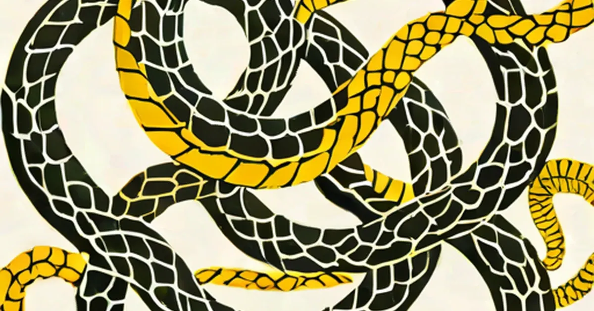 Black and yellow illustrated snakes with detailed scales intertwined