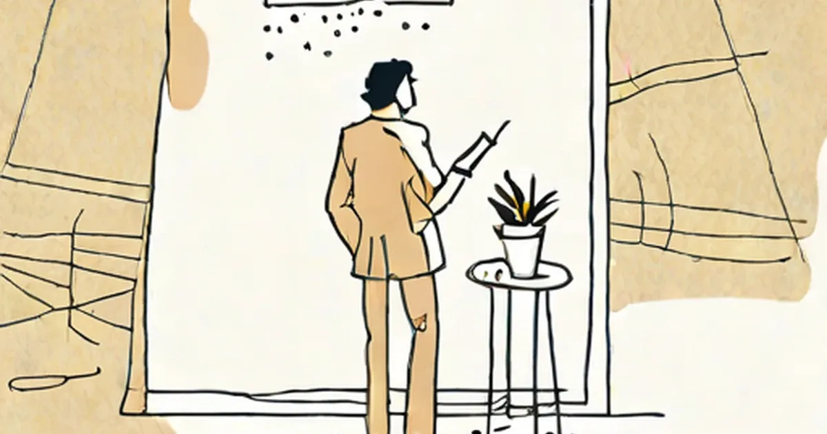 Person in tan suit writing with pen while a potted plant sits nearby in rain