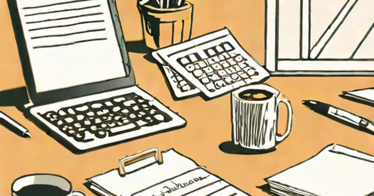 Tax documents, calculator, and laptop on office desk