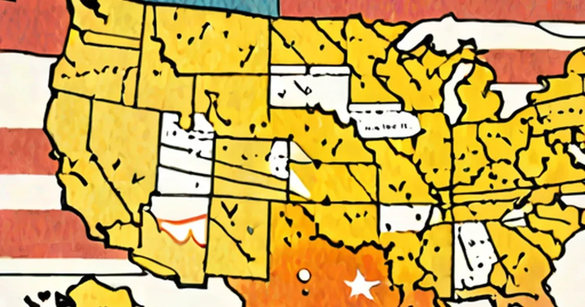 Illustrated map of the United States with states in yellow, orange, and white