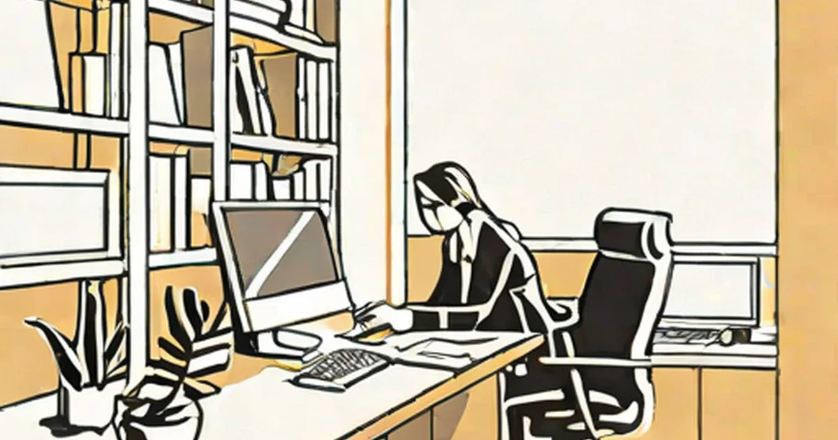 Person at a desk using a computer in a modern office with shelving