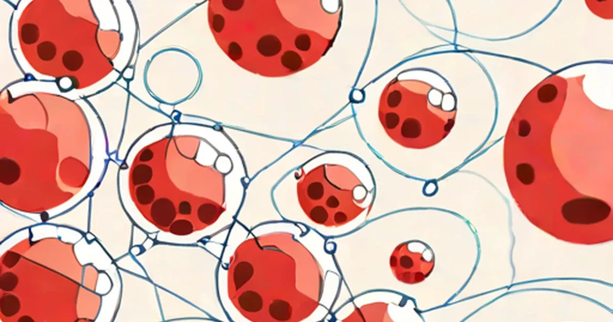 Red cells with dark spots connected by blue lines