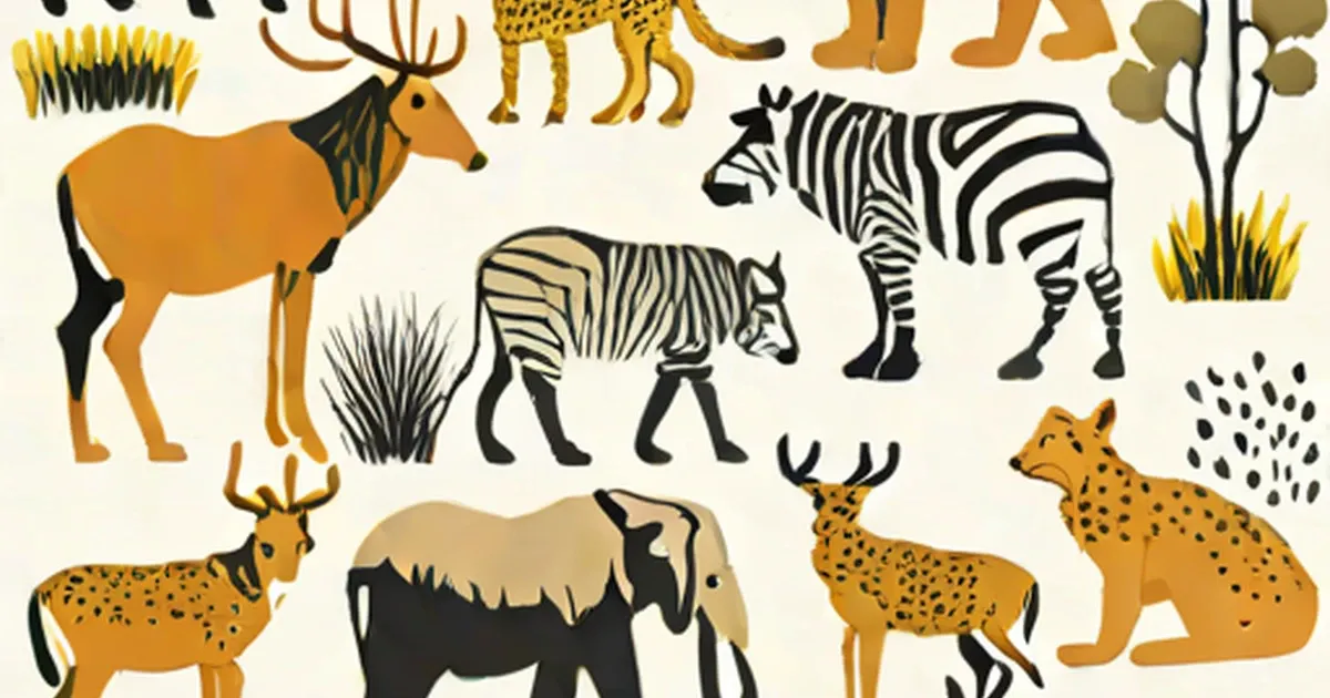 Illustrated African wildlife including zebras, antelopes, leopards, and an elephant