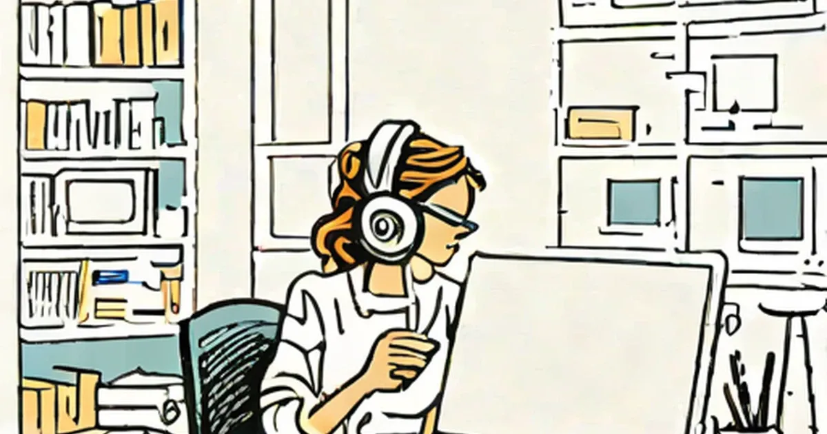 Illustrated person wearing headphones at home office desk with laptop and bookshelves
