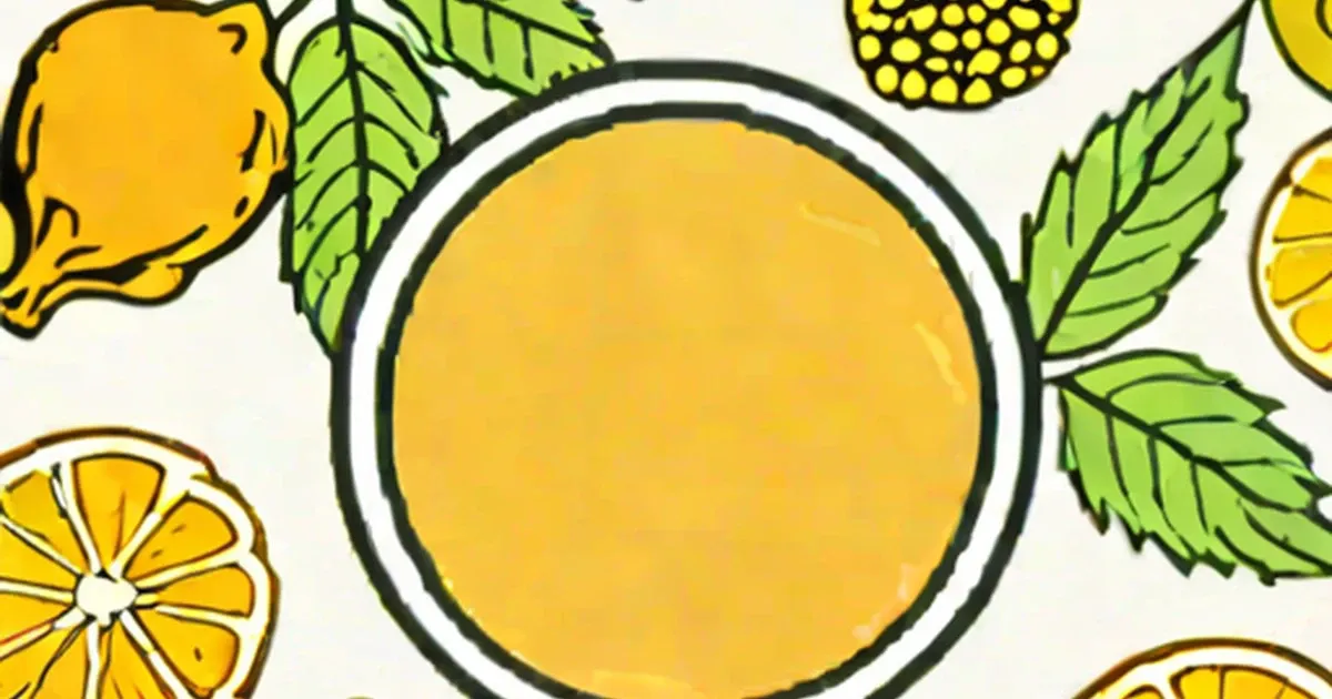 A bowl of golden-yellow liquid surrounded by illustrated lemons, corn, and green leaves