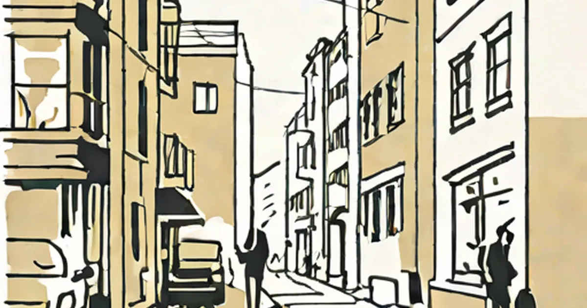 Narrow city street flanked by tall tan buildings rendered in a sketch style