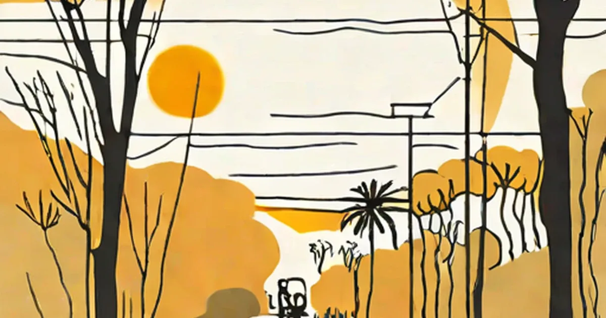 Stylized illustration of a golden sun over a landscape with trees and vegetation