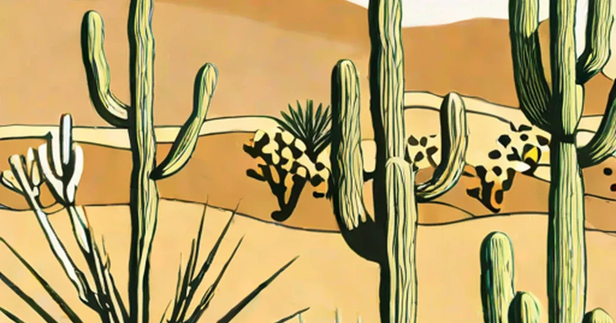 Tall green cacti and small shrubs scattered across desert sand