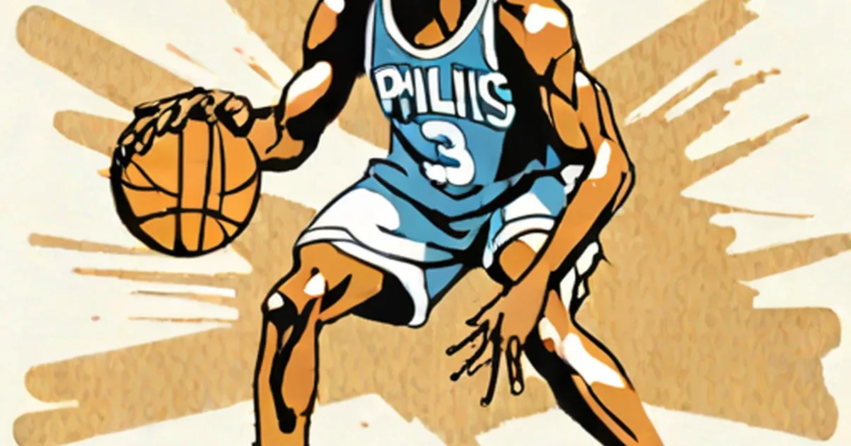 Cartoon basketball player in blue jersey jumping with ball