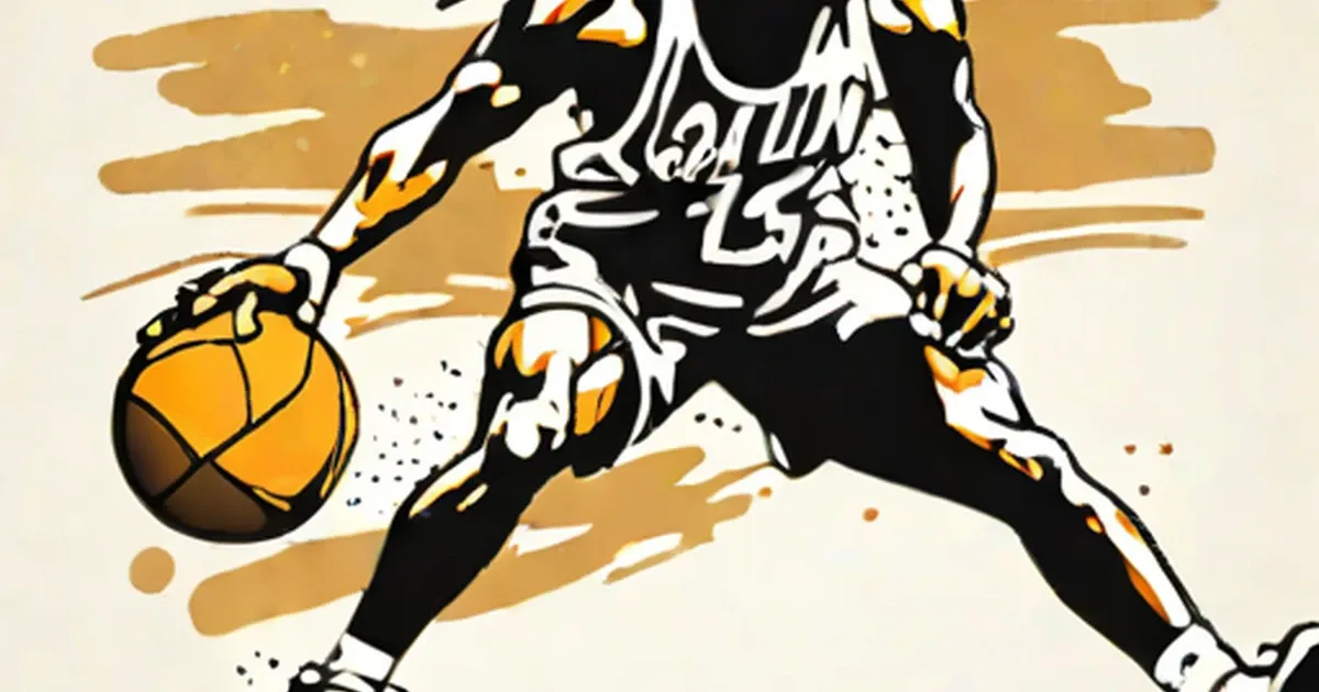 Illustration of basketball player dribbling with orange and black styling