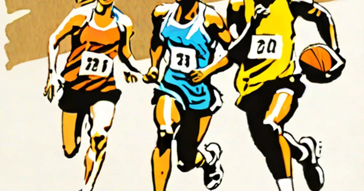 Three female runners in a track race wearing numbered bibs