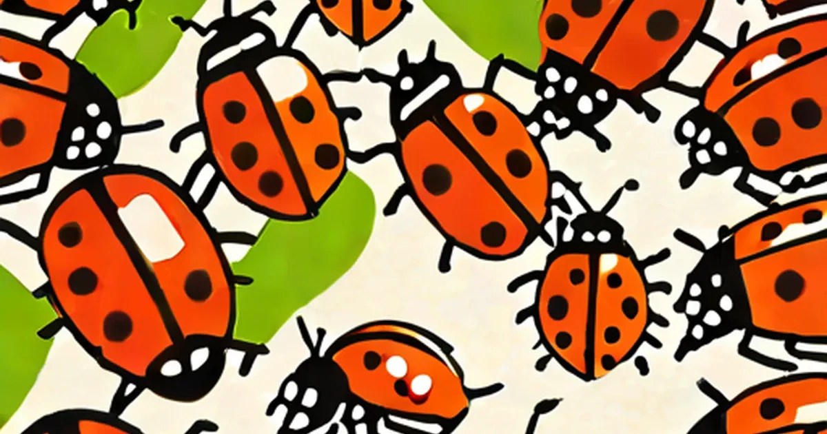Red ladybugs with black spots and green leaf elements on cream background