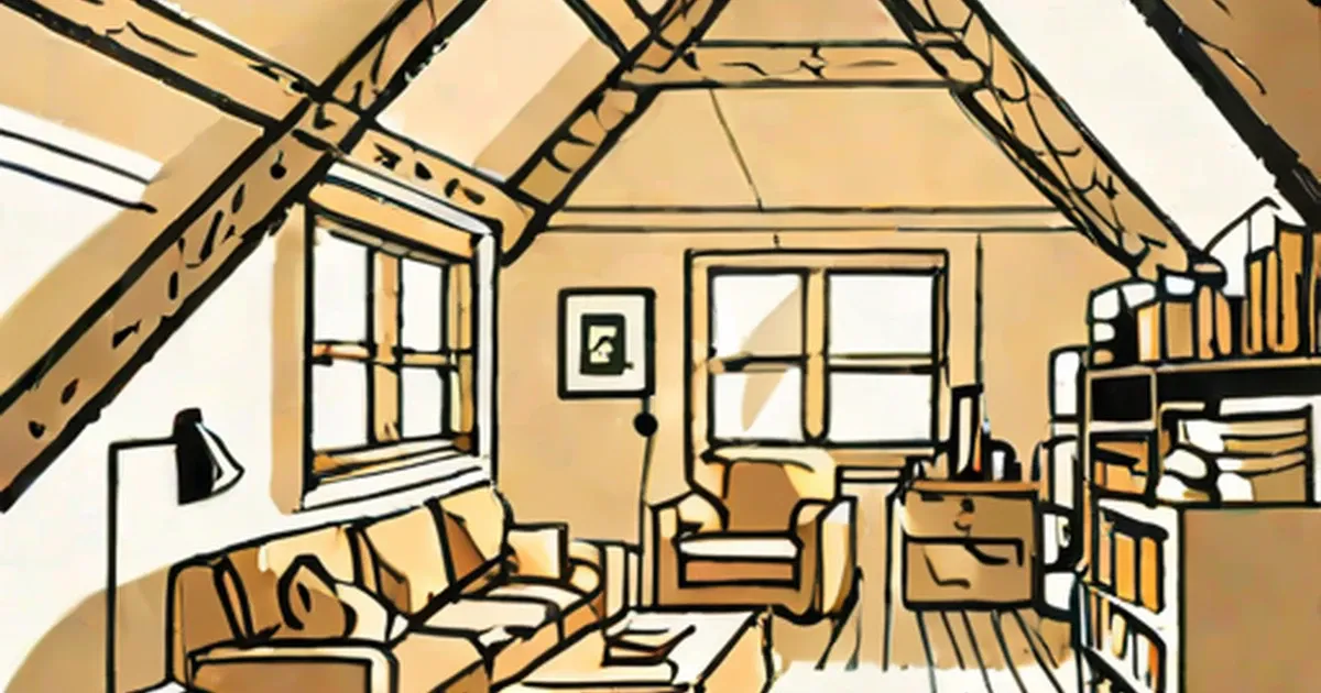 Interior illustration of an attic with furniture, windows, and exposed beams