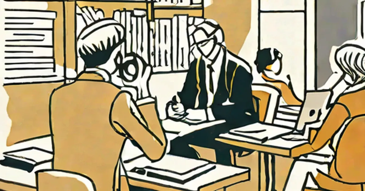 People in an office meeting with papers and documents on the table