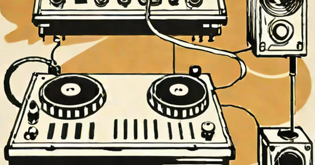 Turntables and synthesizer connected to audio amplifiers and speakers