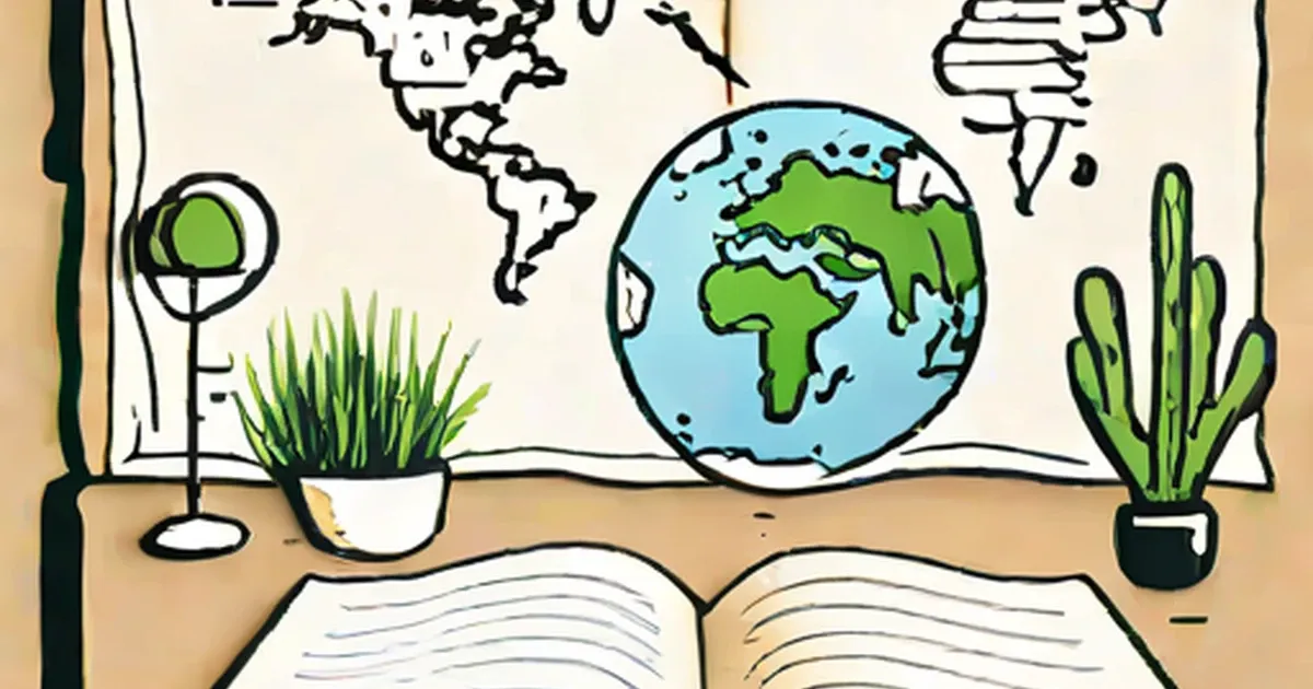 An open book, globe, and potted plants on a study desk