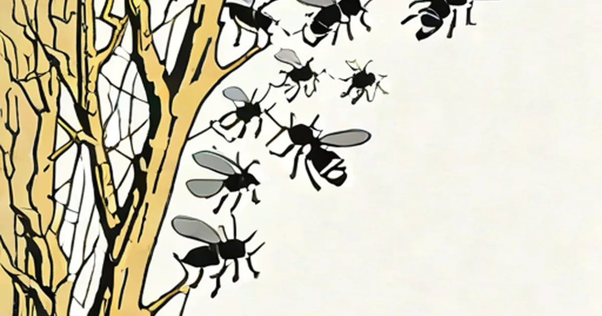 Illustrated bees flying near a golden tree