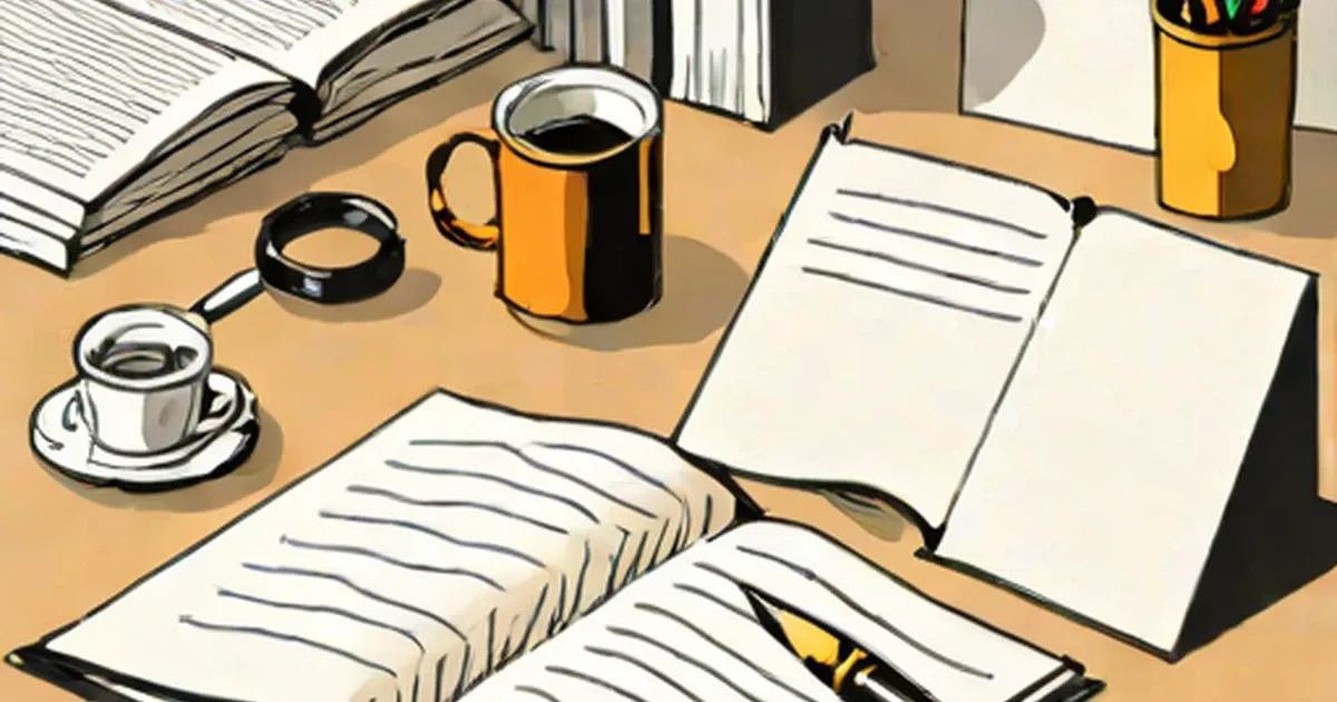 Personal writing workspace with open notebooks, pen, and coffee on a desk