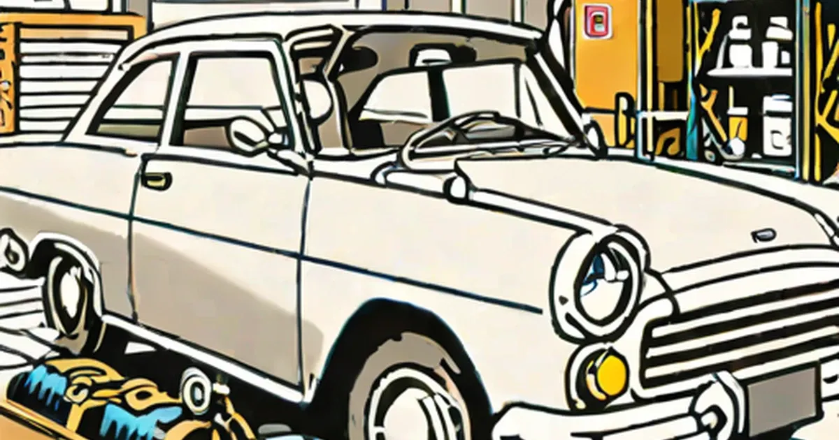 Vintage car with raised hood displayed in a garage workshop