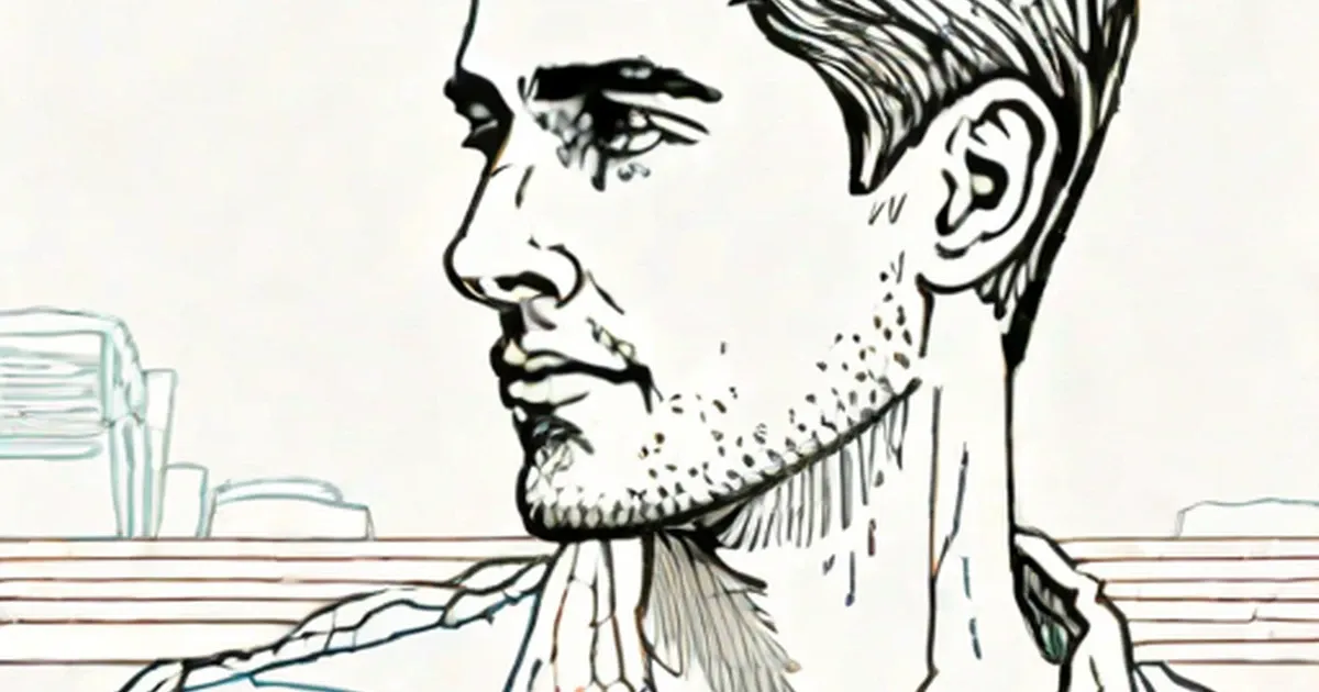 Side profile sketch of a bearded man’s head in black ink