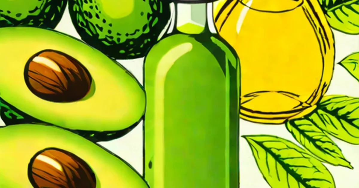 Halved avocados with a green bottle of oil