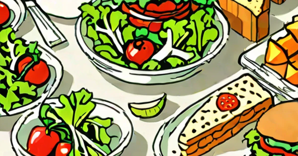 Illustrated plates of salads, sandwiches, and fresh vegetables arranged overhead