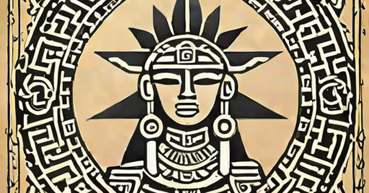 Black and white geometric deity with feathered headdress and circular earrings