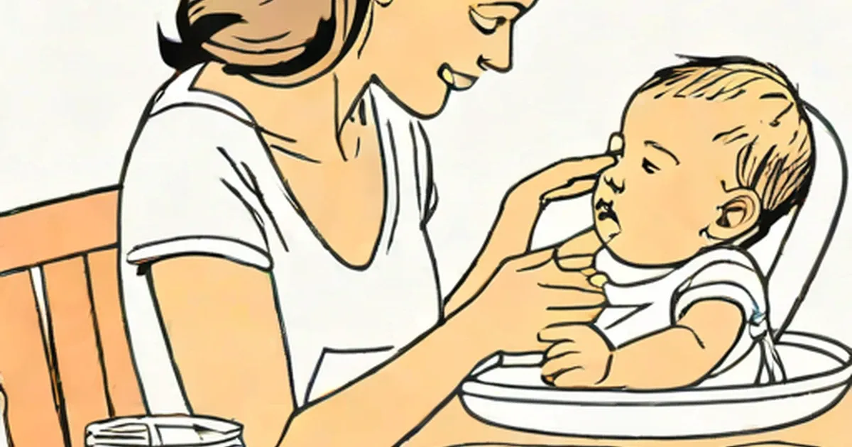 Adult spoon-feeding a baby in a high chair