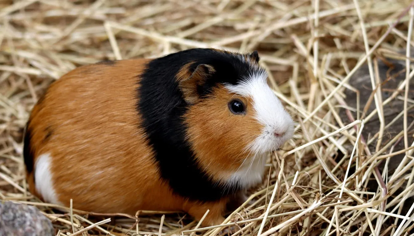 A tricolor guinea pig resting in hay