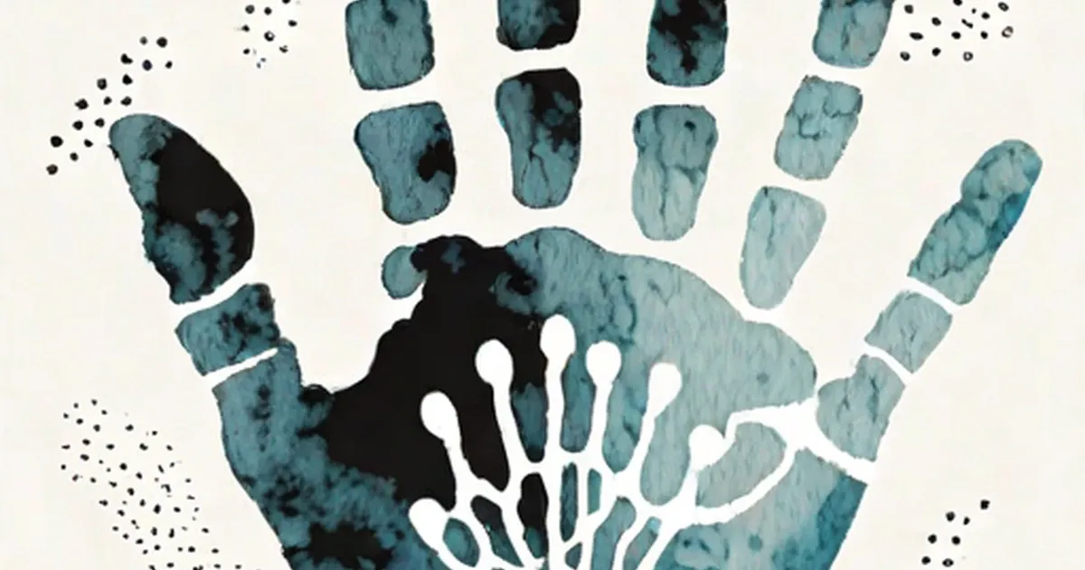 Baby handprint surrounded by blue fingerprint impressions