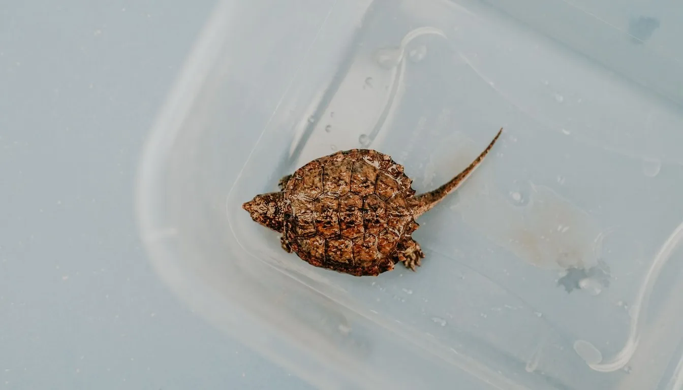 A baby snapping turtle in a shallow plastic container