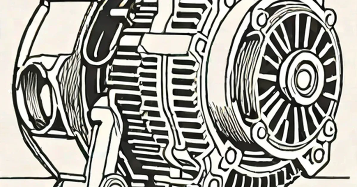 Black and white technical drawing of an automotive alternator