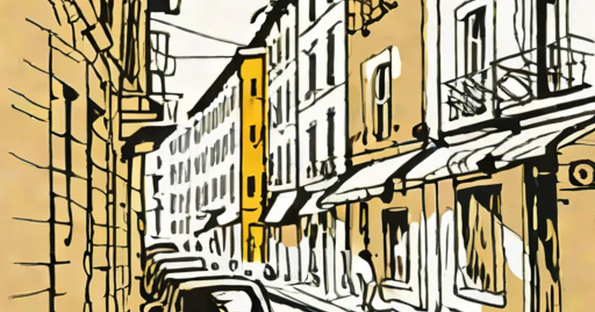 Illustration of a street lined with tall European-style buildings