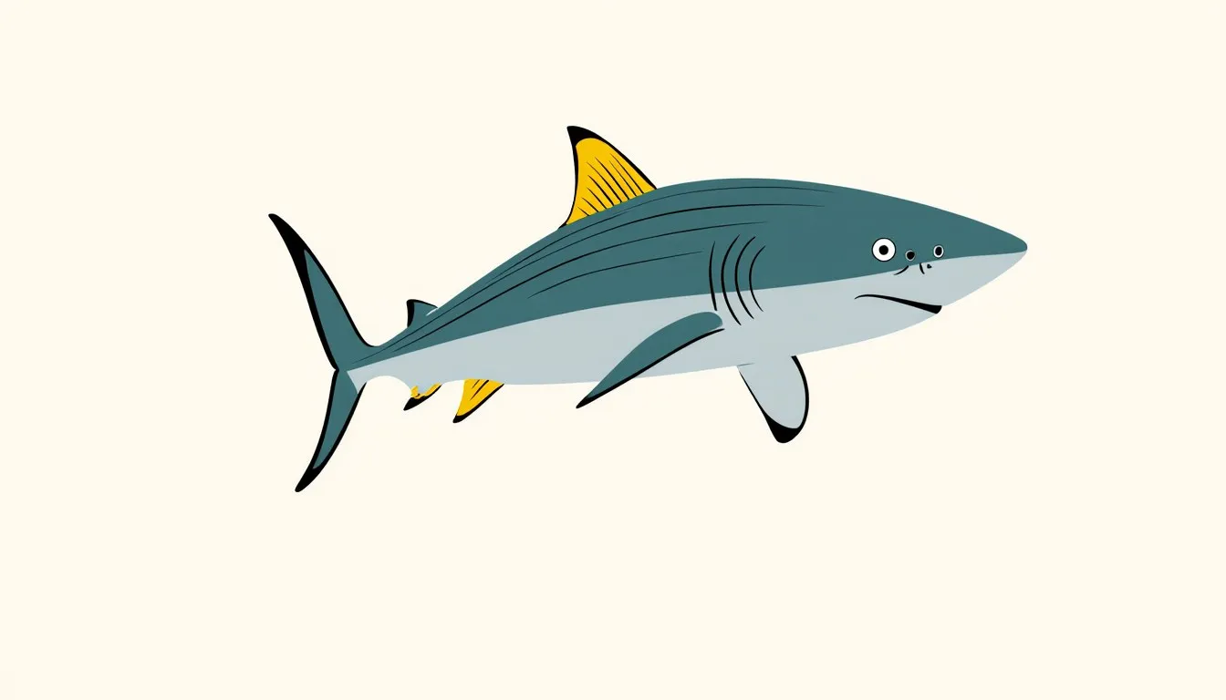 Illustration of a bala shark with a silver torpedo-shaped body and yellow, black-edged fins