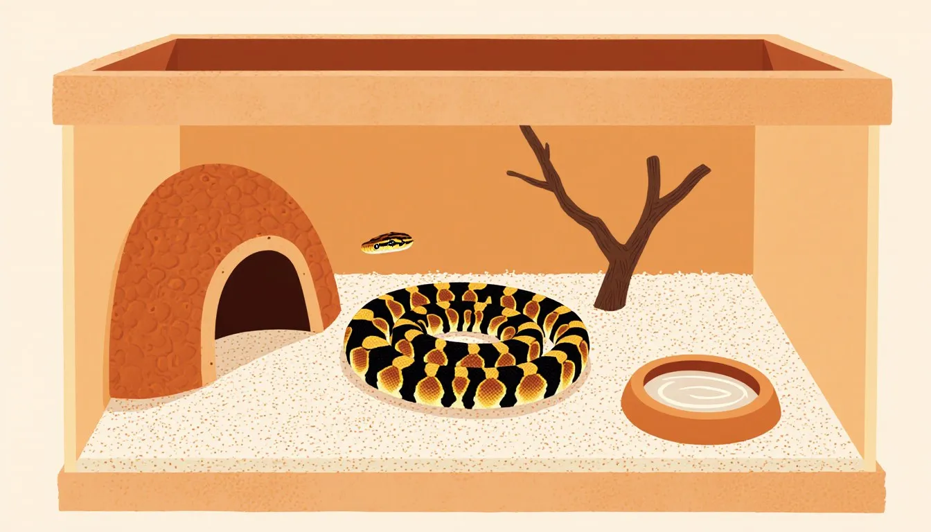 A ball python coiled in a terrarium with substrate, a hide, and a water dish.