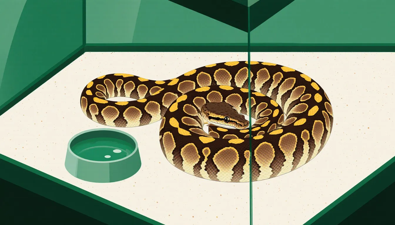 Illustration of a brown and gold blotched ball python coiled in its terrarium beside a water bowl